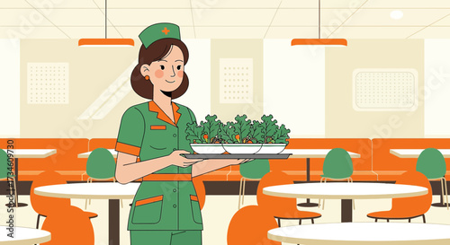 Illustration of a nurse serving salad in a hospital cafeteria environment setting scene