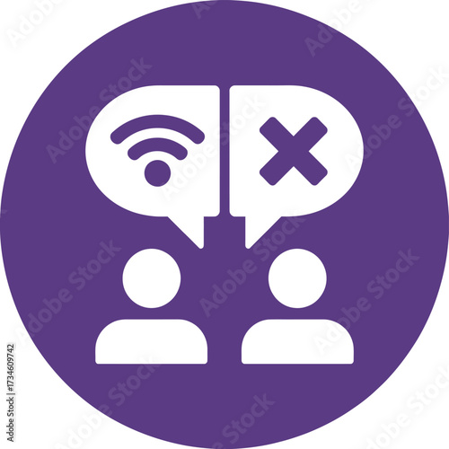 Two people icons communicating with speech bubbles one with wifi symbol and one with cross symbol