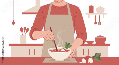 Illustration of a person cooking soup in the kitchen, focusing on culinary preparation and healthy