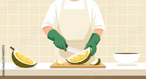 Illustration of a person cutting durian with a knife in a kitchen setting with gloves and apron