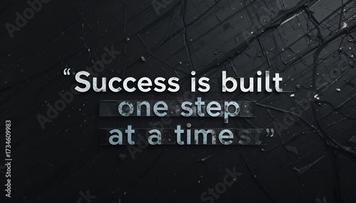Success is built one step at a time, motivational quote with textured dark background and broken glass effect, emphasizing perseverance and gradual progress
