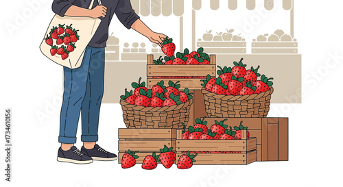 Illustration of a person picking strawberries at a farmers market stand full of fruits