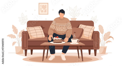 Illustration of a relaxed man enjoying cake and coffee on the sofa at home design