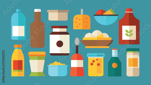 Flat design illustration showcasing a diverse assortment of food products