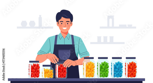 Illustration of a smiling man with jars of colorful candies on a kitchen counter