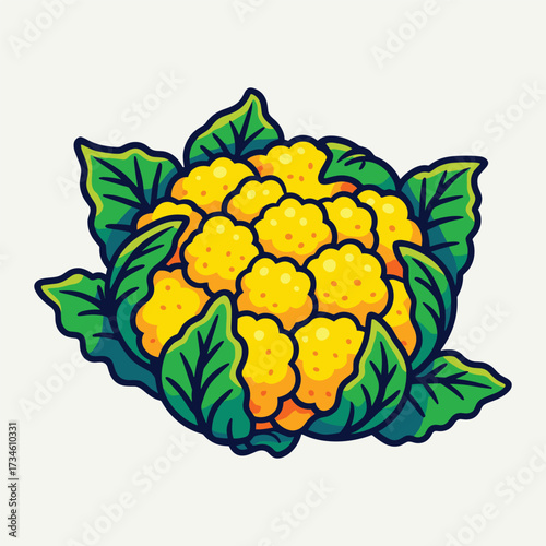 A vibrant cartoon illustration of a yellow cauliflower head with lush green leaves, depicted in a bold, graphic style. Package design, print on demand, sticker  mascot vector