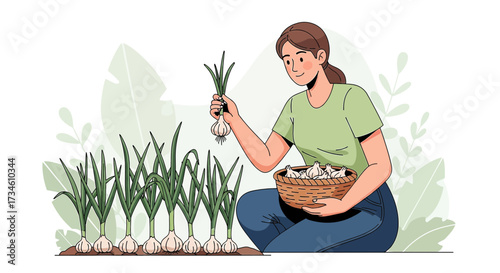 Illustration of a smiling woman harvesting fresh organic garlic in her garden