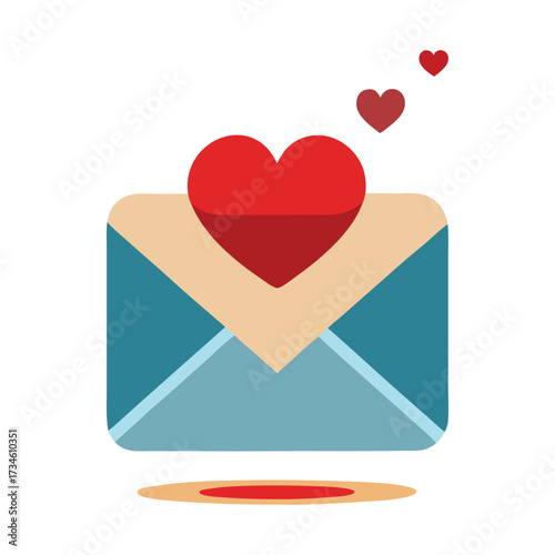 Red hearts flying from blue envelope love message