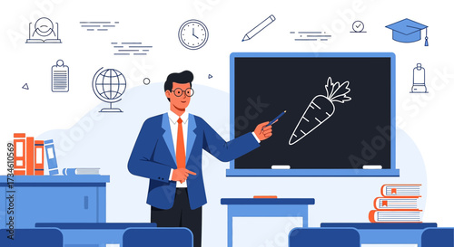 Illustration of a teacher in a classroom setting drawing a carrot on the blackboard illustration