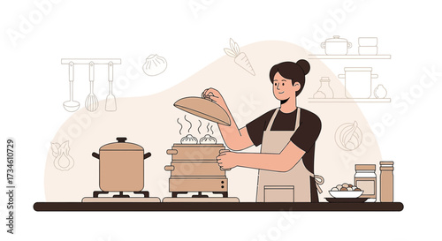 Illustration of a woman cooking dumplings in the kitchen with kitchenware background in beige tones