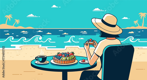 Illustration of a woman enjoying a fruit tart at a beachside cafe with ocean view