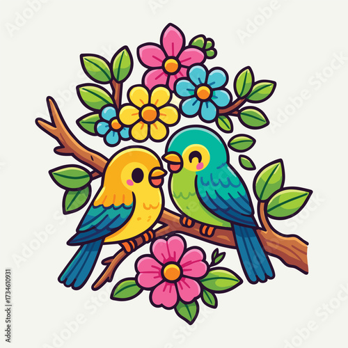 A charming cartoon illustration of two colorful lovebirds perched together on a blooming branch with vibrant flowers. T-shirt design print on demand sticker mascot vector