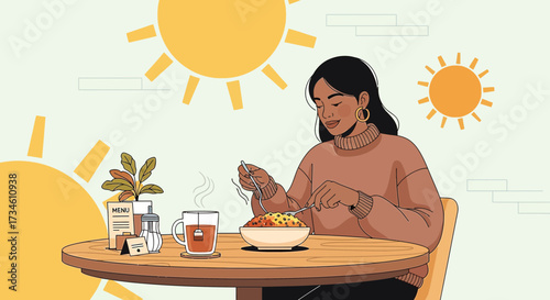 Illustration of a woman enjoying a meal at a sunny café with warm color palette creating a cozy