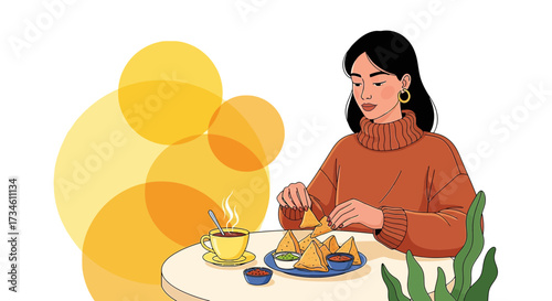 Illustration of a woman enjoying a snack of samosas with tea at a cozy table arrangement