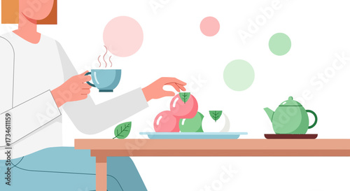 Illustration of a woman enjoying a traditional Japanese tea ceremony with dango and tea
