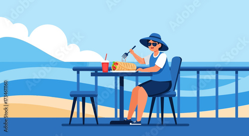 Illustration of a woman enjoying a seaside lunch with a view of the ocean and beach