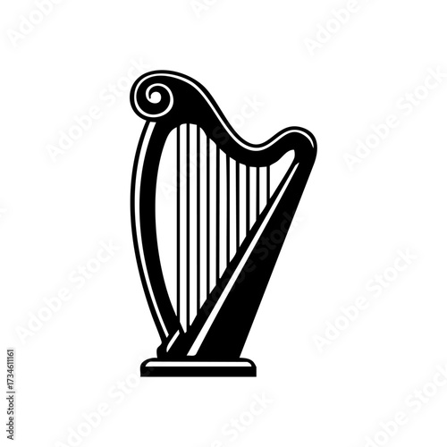 Elegant concert harp with curving neck and strings, representing classical music, orchestras, and refined performance.
