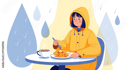 Illustration of a woman enjoying breakfast indoors on a rainy day creates a cozy atmosphere