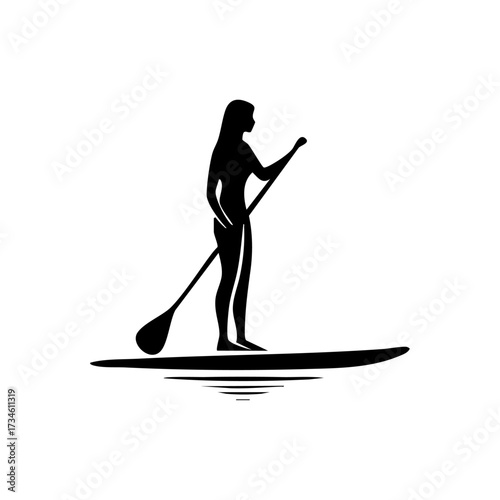 Silhouette of a woman stand-up paddleboarding on calm water, conveying outdoor fitness, balance, and relaxed summer adventure.