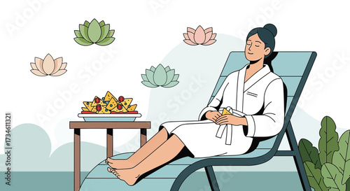 Illustration of a woman relaxing with nachos and lotus flowers in a serene setting