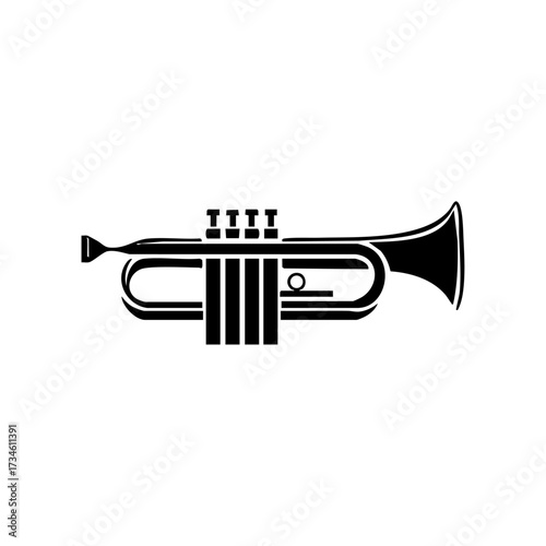Minimalist black vector icon of a trumpet, symbolizing brass instruments, music performance, and sound.