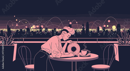 Illustration of a woman with donut and coffee on a rooftop with city view at night illustration