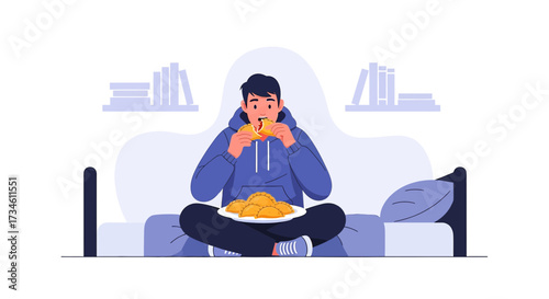 Illustration of a young man enjoying empanadas in bed with a cozy and relaxed atmosphere
