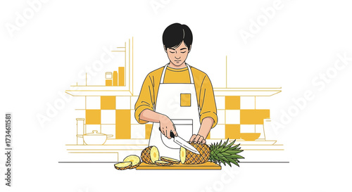 Illustration of a young man in a kitchen cutting a pineapple on a wooden board carefully with a