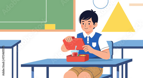 Illustration of a young schoolboy with a lunchbox in a classroom setting with desks and blackboard