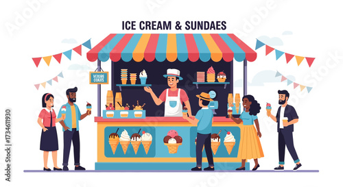Illustration of people buying ice cream from a colorful street vendor stand concept