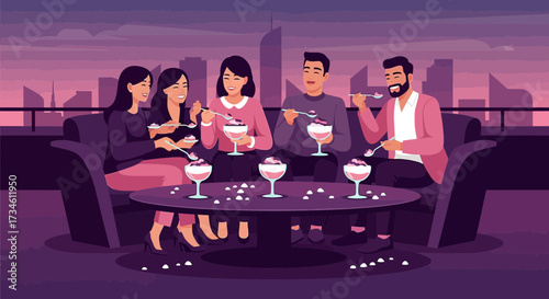 Illustration of friends enjoying desserts at a rooftop restaurant with a city skyline view