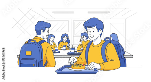 Illustration of students eating lunch together in a school cafeteria during break time at school