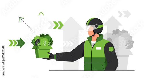 Illustration showcasing rapid delivery of fresh produce with a delivery person and arrows