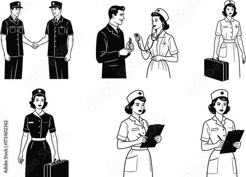 Retro nurse and police officer uniforms, vintage healthcare and law enforcement professionals, black and white vector illustration for historical themes