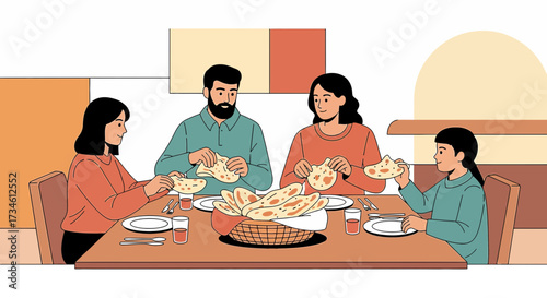Illustrative family gathering at a dinner table enjoying a traditional meal and bonding together