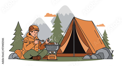Illustrative scene of a camper cooking food near a tent amidst a mountain landscape