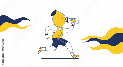 Lemon-headed runner drinks from a bottle during a marathon for health and wellness