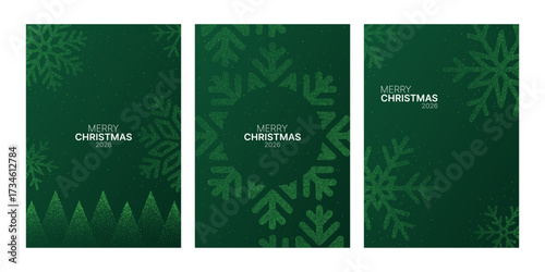 Set of three green dot pattern cards for Merry Christmas 2026. Minimalistic winter holiday background with snowflakes and fir trees.
