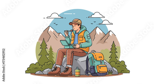 Man enjoying a peaceful lunch break during a hiking adventure in the mountains sketch
