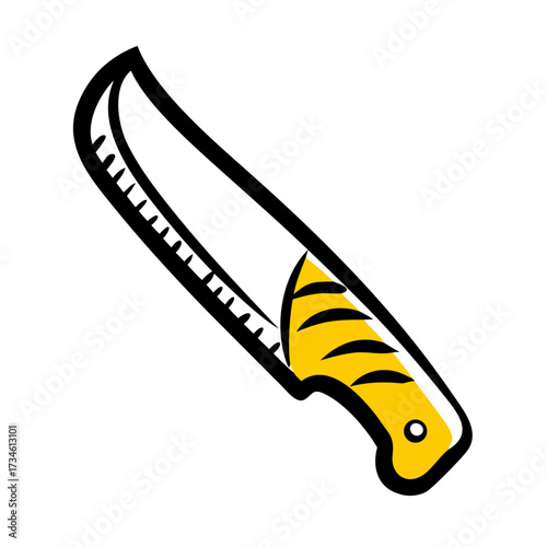 Illustrative butcher knife with a yellow handle and serrated edge  