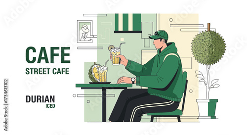 Man enjoying durian iced beverage at a street cafe with modern line art style and fresh green