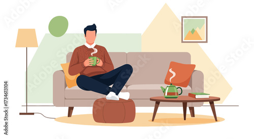 Man Enjoying Hot Beverage and Relaxing on Couch in Cozy Living Room at Home