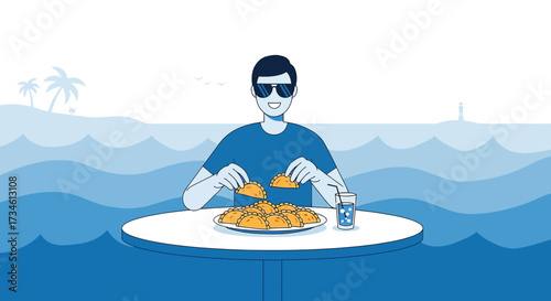 Man enjoying empanadas and a drink at a table by the sea with a tropical view