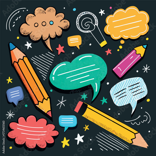 Colorful doodle illustration with pencils, speech bubbles, stars, and sketchy hand-drawn style