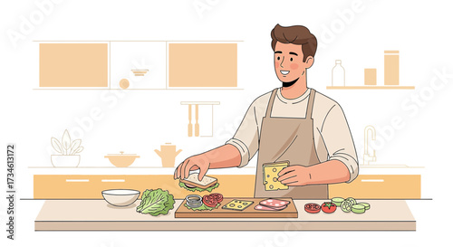 Man preparing sandwich at home in kitchen setting for healthy eating concept
