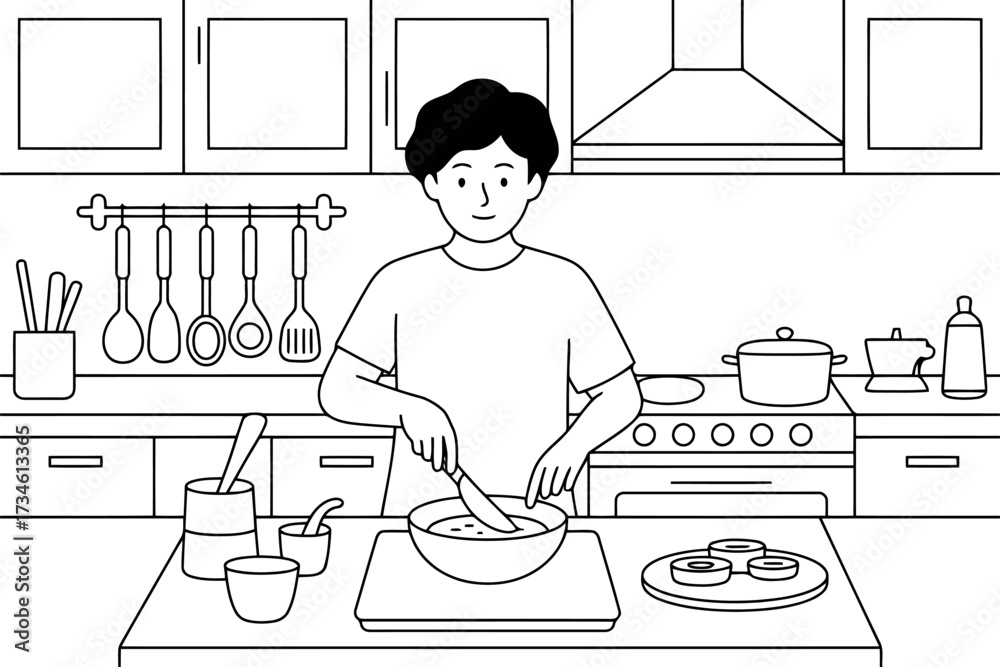 A man is shown in a kitchen setting, actively cooking or preparing food at a counter with various utensils and ingredients around him, all in a clean black and white outline style.