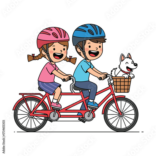 Happy children and dog riding a tandem bicycle together, enjoying outdoor activity