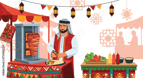 Middle Eastern Street Food Vendor Preparing Shawarma at a Festive Bazaar Scene