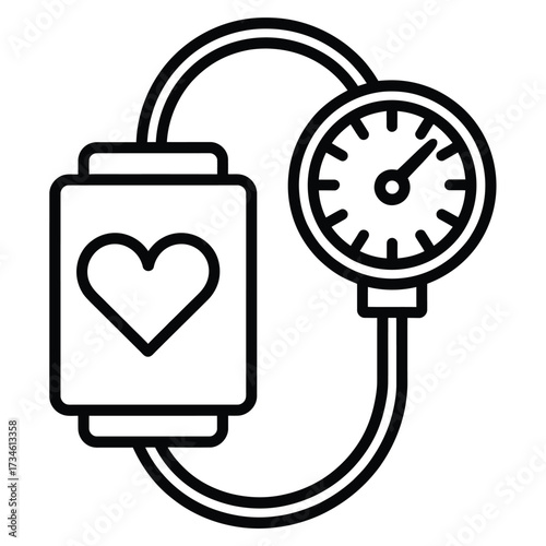 Medical icon of a blood pressure monitor with a heart symbol and gauge