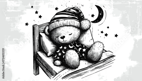 : A cute teddy bear sleeps peacefully under a striped blanket, wearing a knitted beanie. Night scene with moons and stars creates a warm, comforting mood for holiday